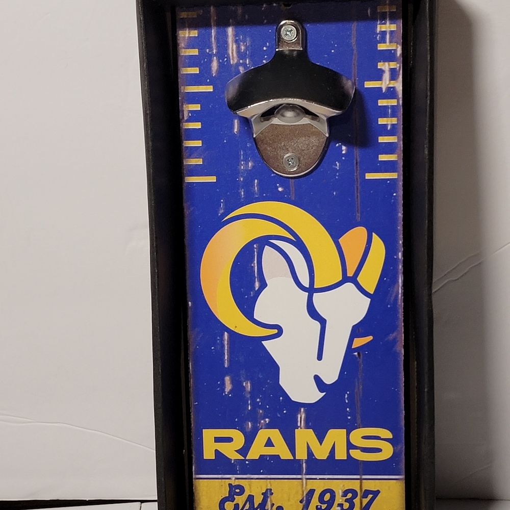 LOS ANGELES RAMS BOTTLE OPENER WOOD PLAQUE